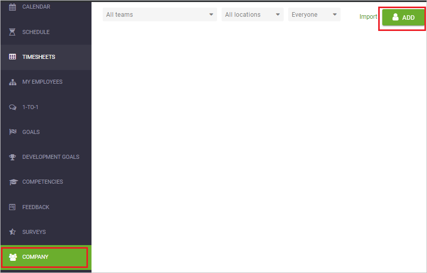 A captura de tela mostra CakeHR com COMPANY e ADD selecionados.