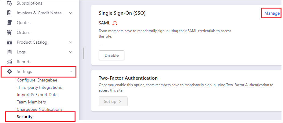 A captura de tela mostra o site da empresa Chargebee com Configurações, Segurança e Gerenciamento selecionados.