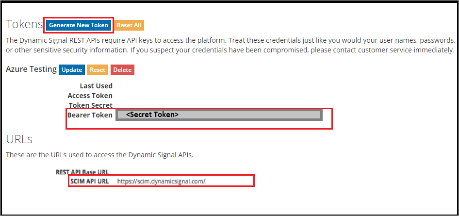 Captura de tela da página Tokens, com URL da API de SCIM, Gerar novo token e Token de portador em destaque, bem como um espaço reservado na caixa Token de portador.