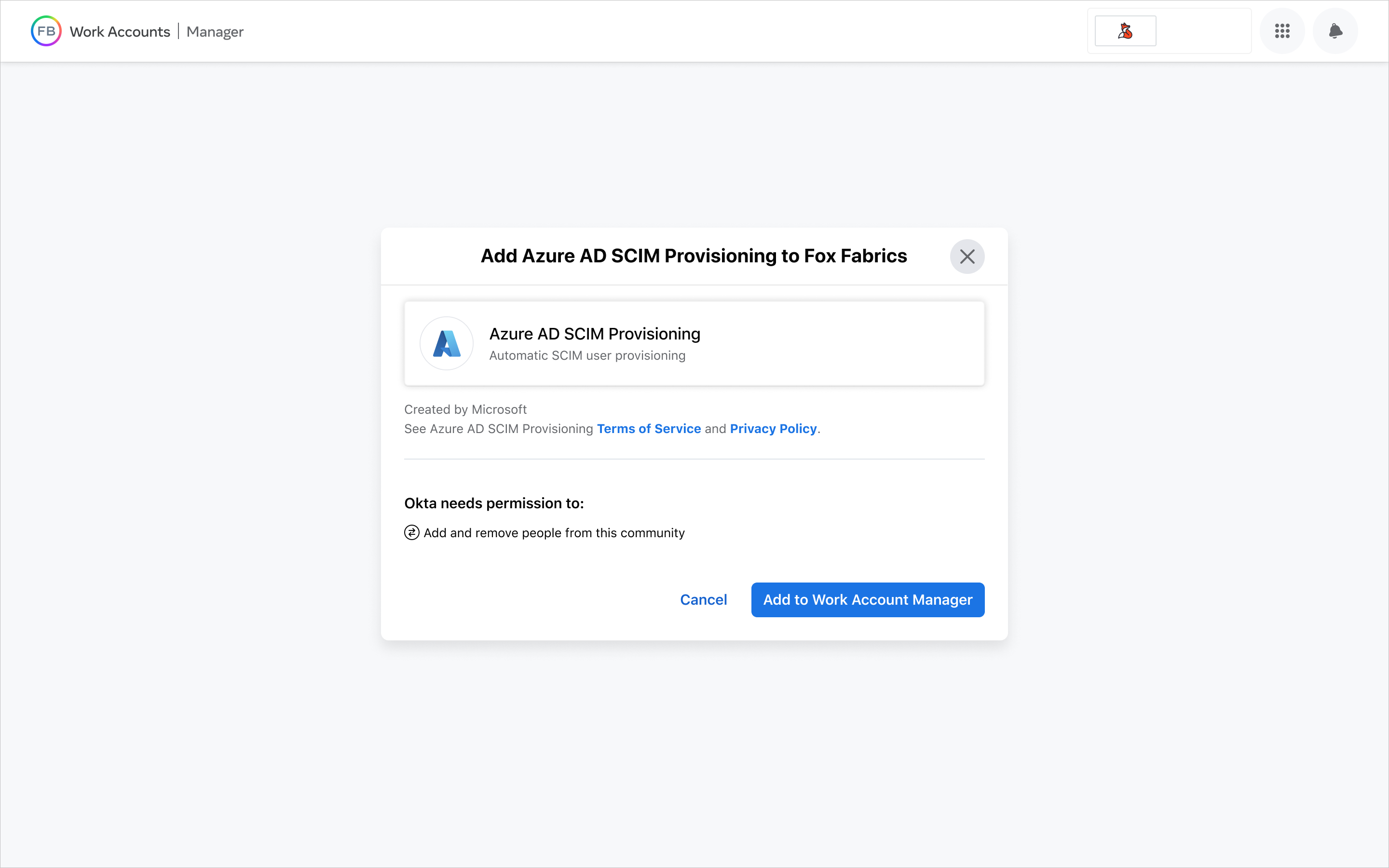 A captura de tela mostra a página de autorização de Contas de Trabalho Meta.