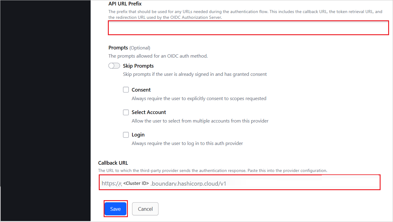 Captura de tela mostrando a configuração do prefixo de URL no setup do oidc.