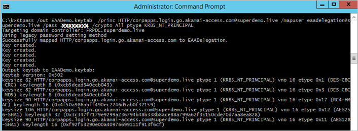 Captura de tela de um prompt de comando de administrador mostrando os resultados do comando para criar um arquivo keytab para o AKAMAI EAA.