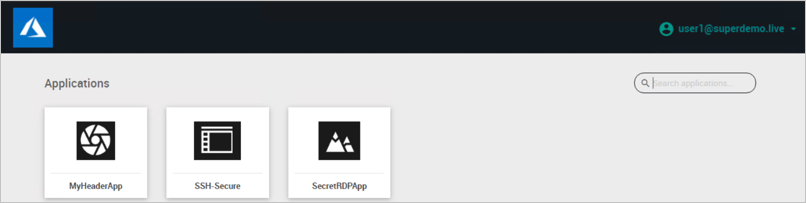 Captura de tela com a tela Aplicativos mostrando ícones para MyHeaderApp, SSH Secure e SecretRDPApp.