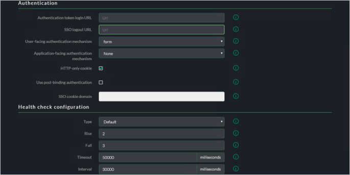 Captura de tela da guia Configurações Avançadas do console do Akamai EAA para SECRETRDPAPP mostrando as definições para a configuração de Autenticação e Verificação de integridade.