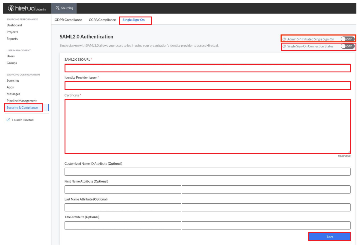 Captura de tela que mostra a Configuração do SSO.