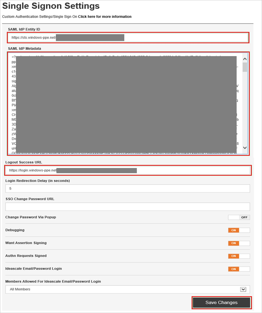 A captura de tela mostra a caixa de diálogo Configurações de Logon Único.