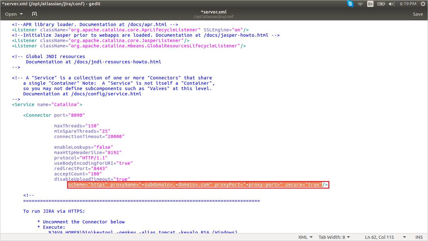 A captura de tela mostra o arquivo dot xml de servidor em um editor com a nova linha adicionada.