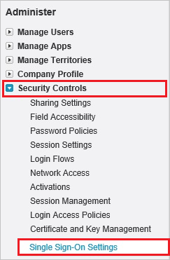 A captura de tela mostra Gerenciar Controles de Segurança com Configuração Única Sign-On selecionada.