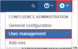 Captura de tela que mostra o ícone de “Engrenagem” e a opção “Gerenciamento de usuários” selecionada.