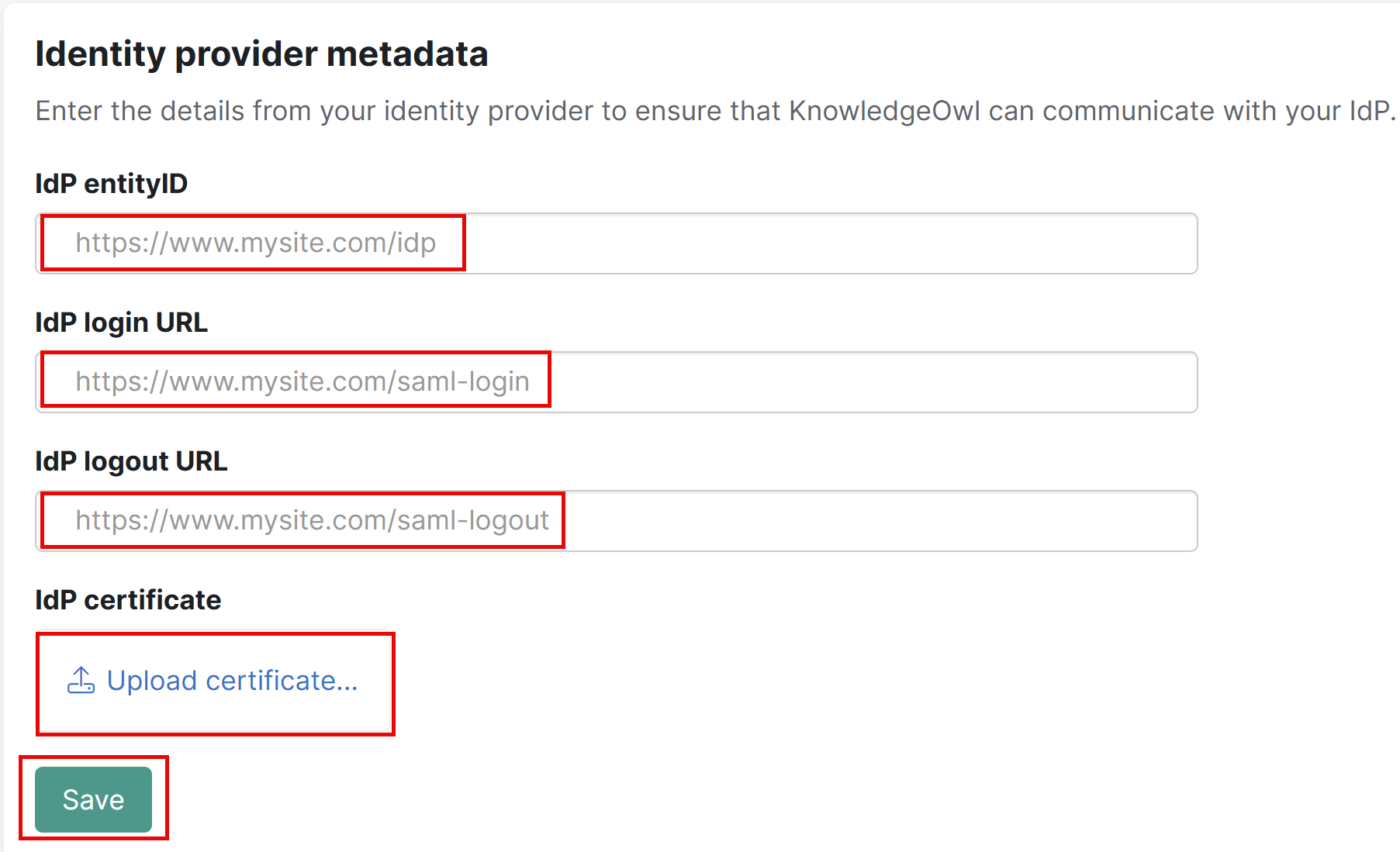 A captura de tela mostra a seção Metadados do provedor de identidade em que você pode concluir as etapas mencionadas aqui.