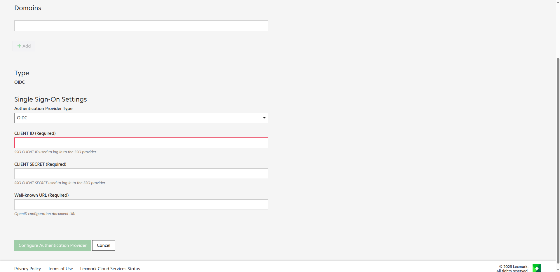 Captura de tela de Configuração do Provedor de Autenticação.
