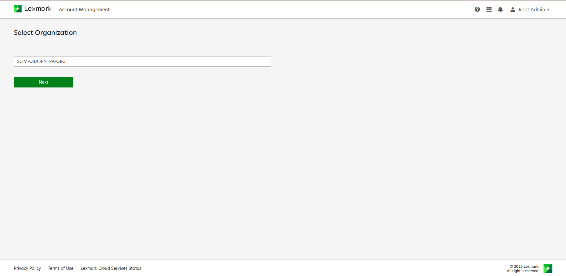Captura de tela mostrando a seleção da organização.