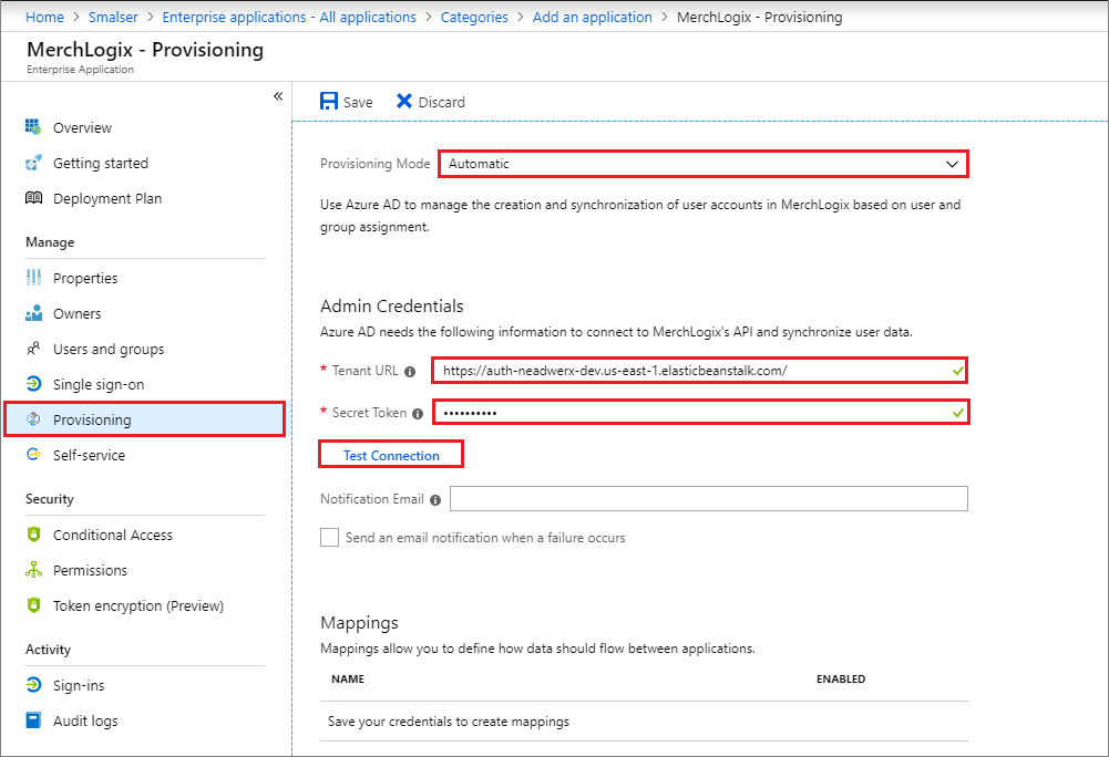 Captura de tela da seção MerchLogix – Provisionamento com a opção Provisionamento em destaque, o Modo de Provisionamento definido como Automático e a opção Testar Conectividade em destaque.