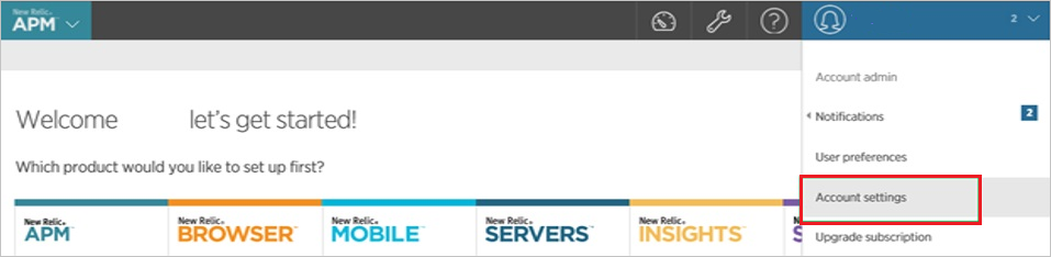 A captura de tela mostra as configurações da conta selecionadas na página Boas-vindas.