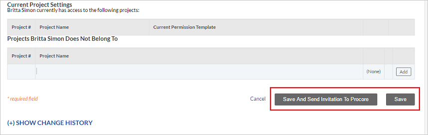 Captura de tela que mostra as Configurações de Projeto Atuais, na qual você pode Salvar e Enviar um Convite.