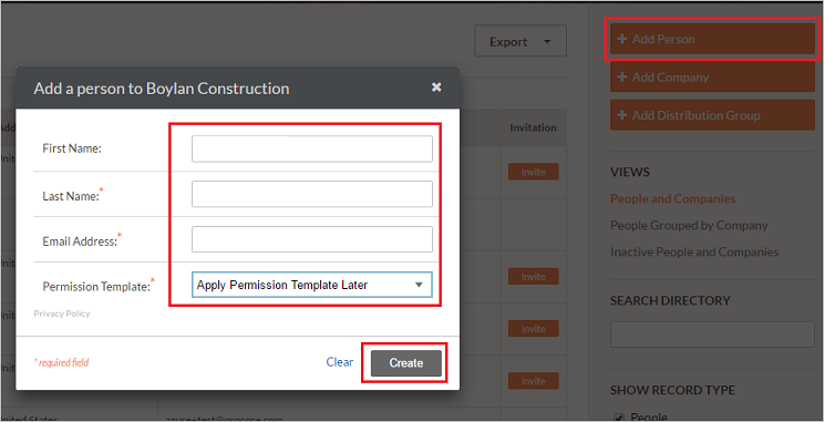 Captura de tela que mostra a opção Adicionar uma pessoa ao Boylan Construction, na qual você pode inserir as informações do usuário.