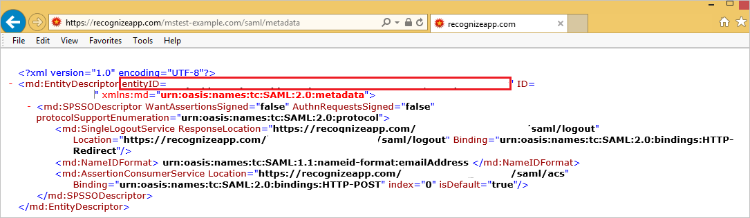 Captura de tela que mostra uma caixa de texto com XML de texto sem formatação, na qual você pode obter a ID da entidade.