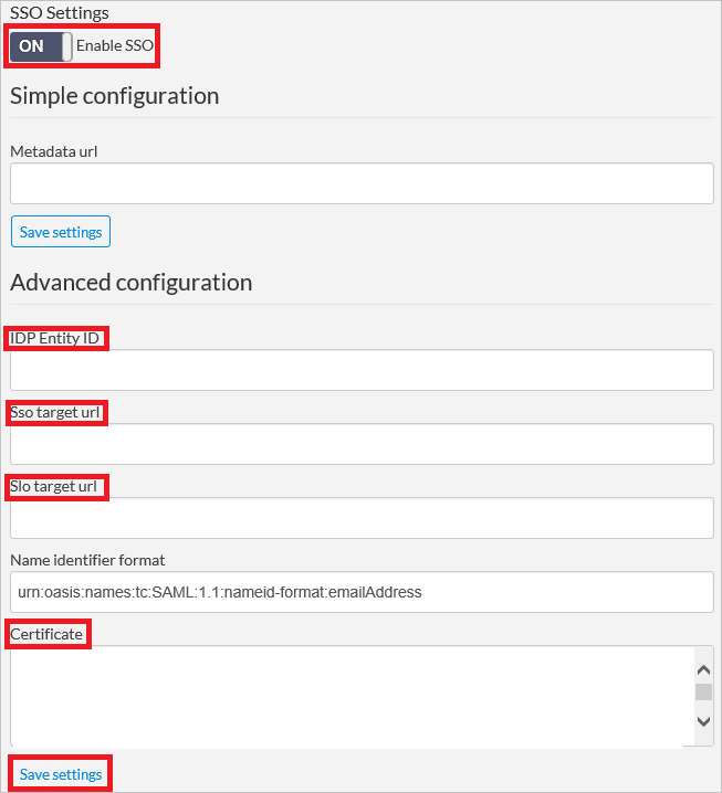 Captura de tela que mostra a opção Configurações do SAML, na qual você pode inserir os valores descritos.