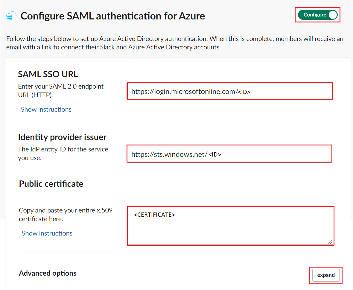 Captura de tela de Configurar o logon único das Configurações de Autenticação do SAML.