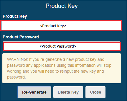 Captura de tela da seção Chave do Produto (Product Key) com as caixas de texto Chave do Produto (Product Key) e Senha do Produto em destaque.