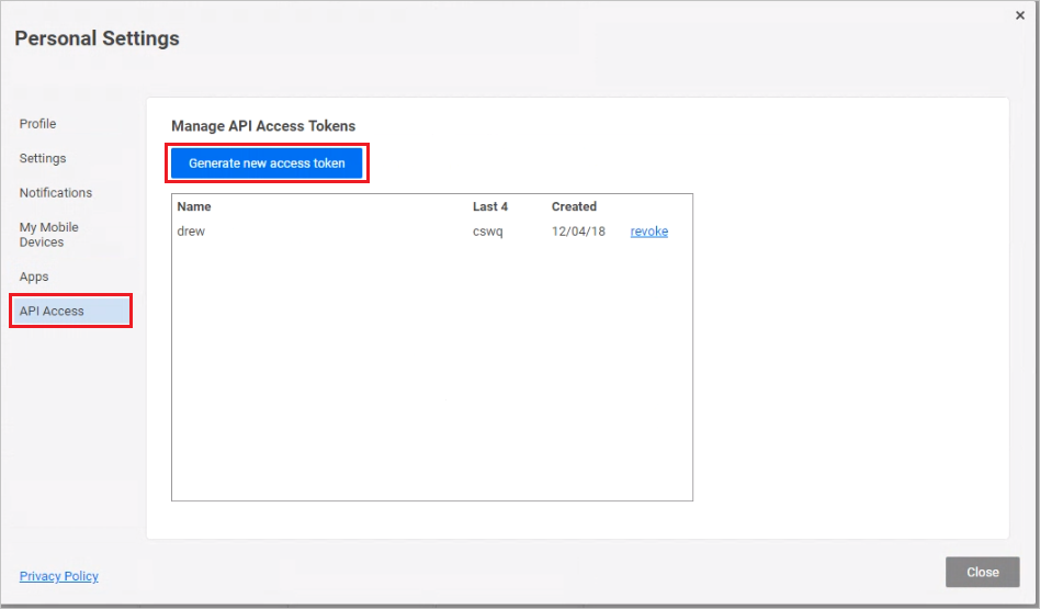 Captura de tela da caixa de diálogo Configurações Pessoais com as opções Acesso à API e Gerar novo token de acesso em destaque.