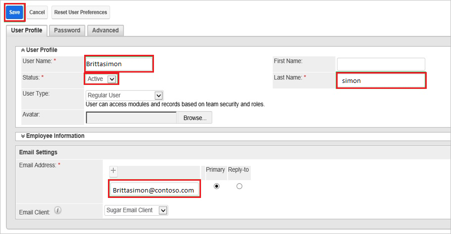 A captura de tela mostra a guia Perfil do Usuário em que você pode inserir os valores descritos.