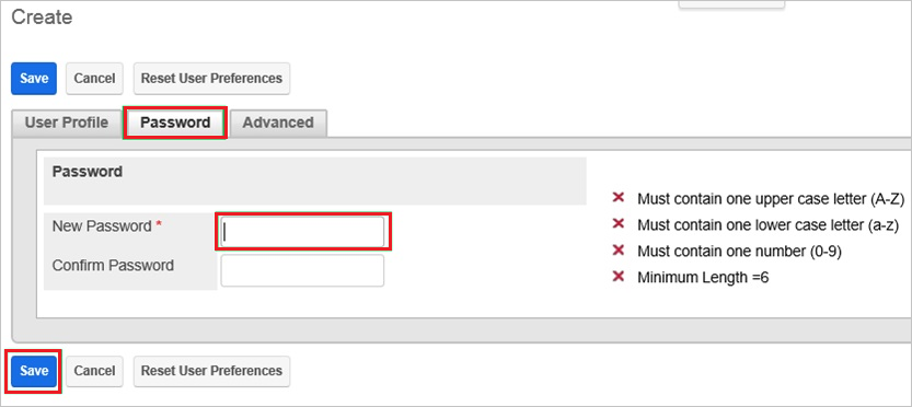 A captura de tela mostra a guia Senha em que você pode inserir os valores descritos.