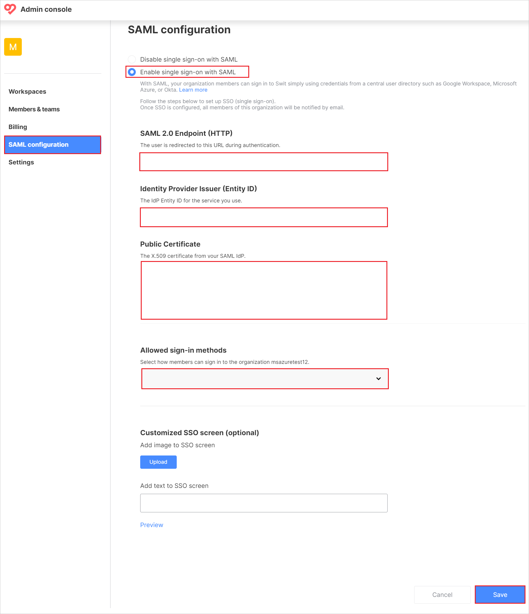 Captura de tela que mostra a configuração do SSO.