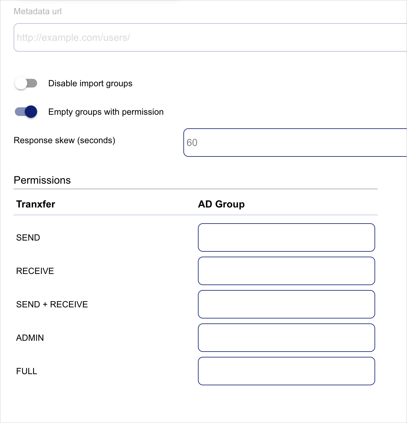 A captura de tela mostra as configurações de SAML do Tranxfer.