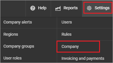 A captura de tela mostra a opção Empresa selecionada em Configurações.