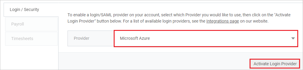 A captura de tela mostra a opção Ativar Provedor de Logon selecionada para o Microsoft Azure.