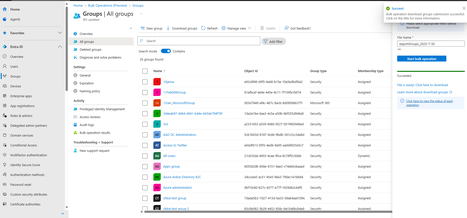 Captura de tela da caixa de diálogo de download de grupos que solicita um nome de arquivo antes de começar a operação em massa.