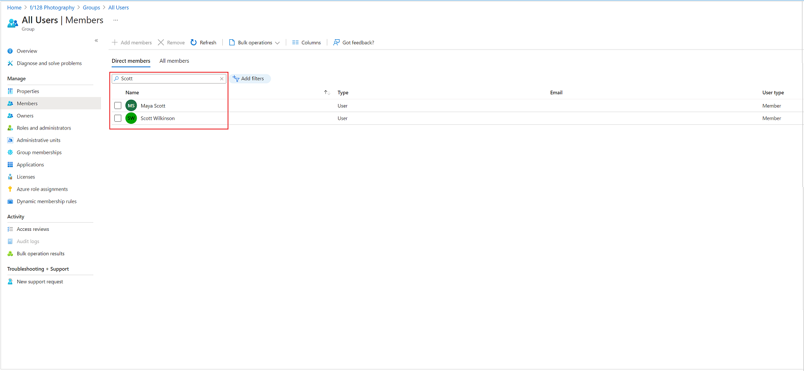 Captura de tela novas pesquisas de substring nos membros do grupo e nas listas de proprietários.