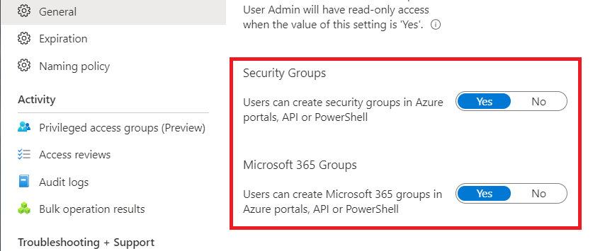 Captura de tela que mostra a alteração da configuração de grupos de segurança do Microsoft Entra.