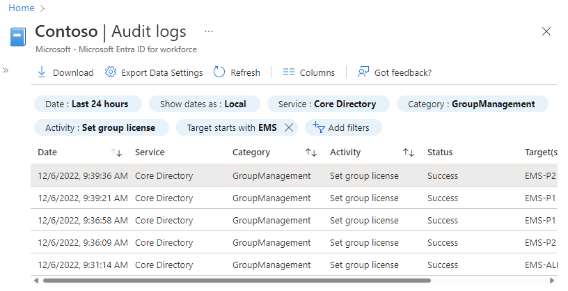 Screenshot of the Microsoft Entra audit logs including a Target filter.