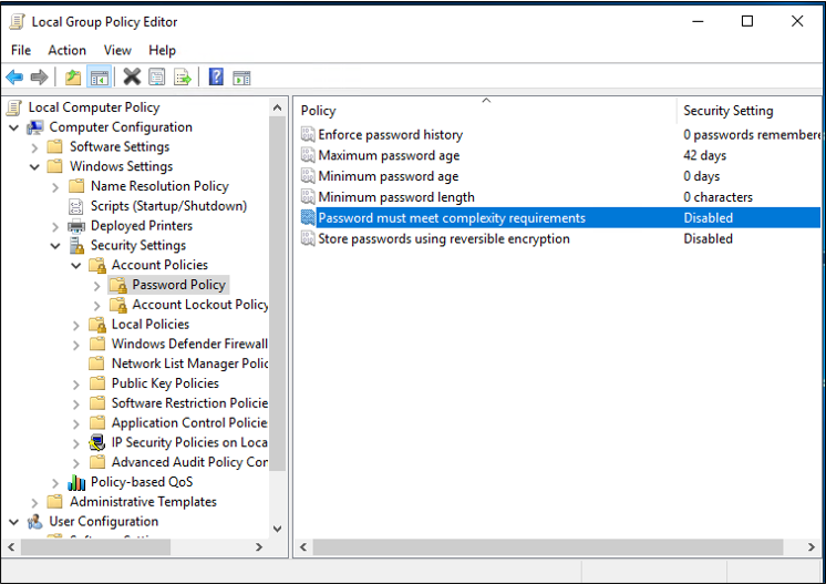 Captura de tela da configuração de requisitos de complexidade.