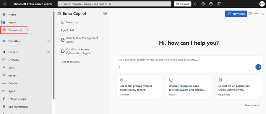 Screenshot da opção de chat Copilot no centro de administração do Microsoft Entra.