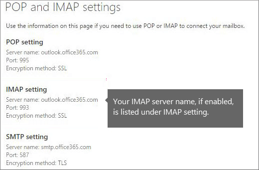 Mostra o link para configurações de acesso POP ou IMAP.