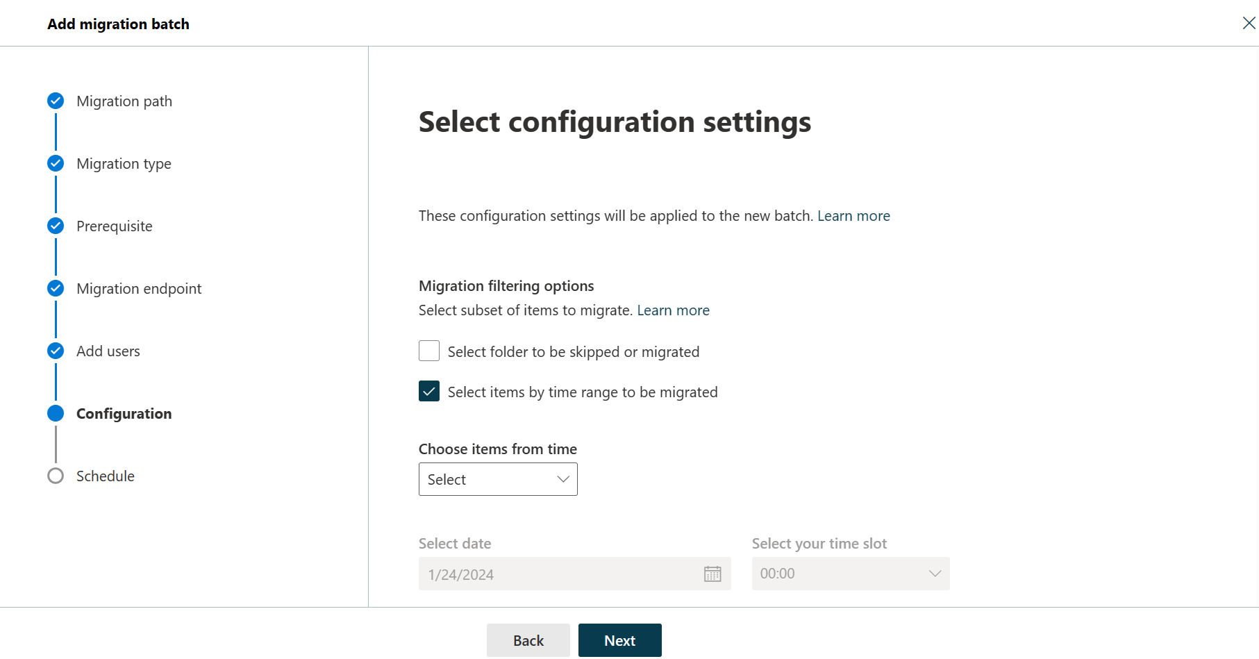 Captura de tela da sexta etapa do assistente Adicionar lote de migração mostrando opções de filtragem.