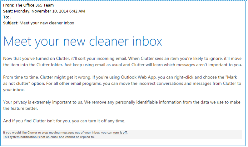 Imagem da notificação Atender à sua nova caixa de entrada mais limpa enviada pelo Clutter.