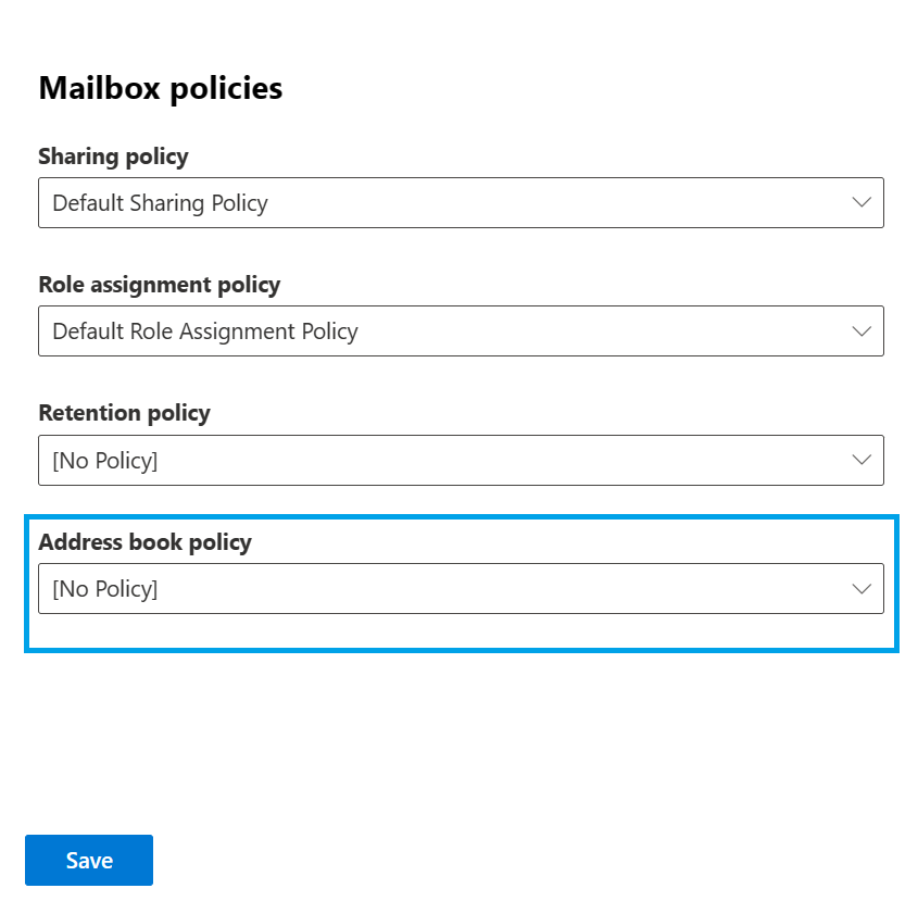 Captura de tela que mostra as configurações da política do catálogo de endereços para uma caixa de correio no EAC em Destinatários > , selecione a caixa de correio > Editar > recursos da caixa de correio.