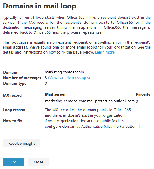 Detalhes do flyout que aparecem depois de clicar em Exibir detalhes no insight de loop de email de correção possível.