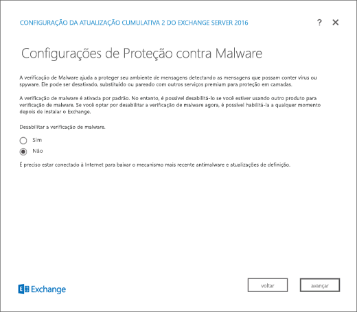 Configuração do Exchange, página Configurações de Proteção contra Malware.