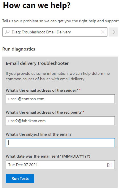 Captura de tela de um diagnóstico automatizado chamado solucionador de problemas de entrega de email.