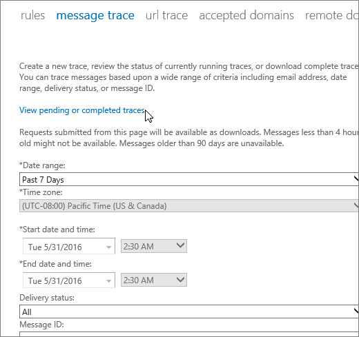 Captura de tela da ferramenta de rastreamento de mensagens com um cursor sobre o link Exibir rastreamentos pendentes ou concluídos.