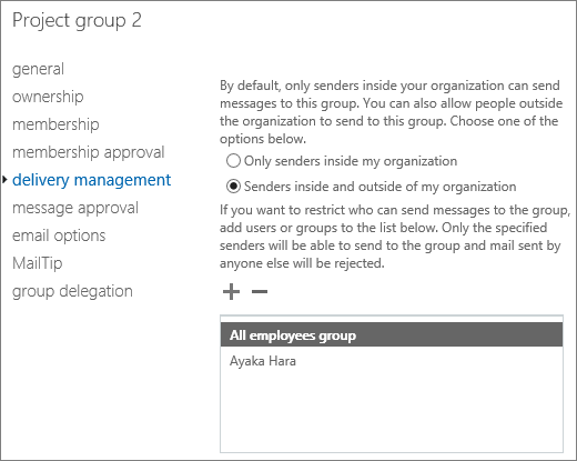 Captura de tela da adição de remetente externo permitido a um grupo de distribuição.