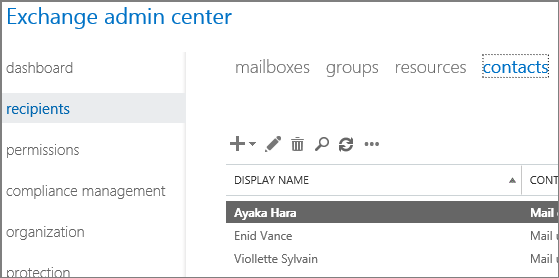 Captura de tela da guia contatos na qual você pode ver usuários de email.