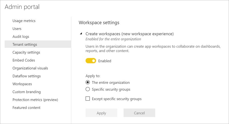 Screenshot showing Create a workspace.