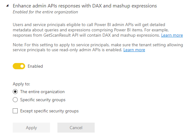 Captura de tela da configuração de locatário Aprimorar as respostas das APIs de administração com as expressões DAX e mashup.