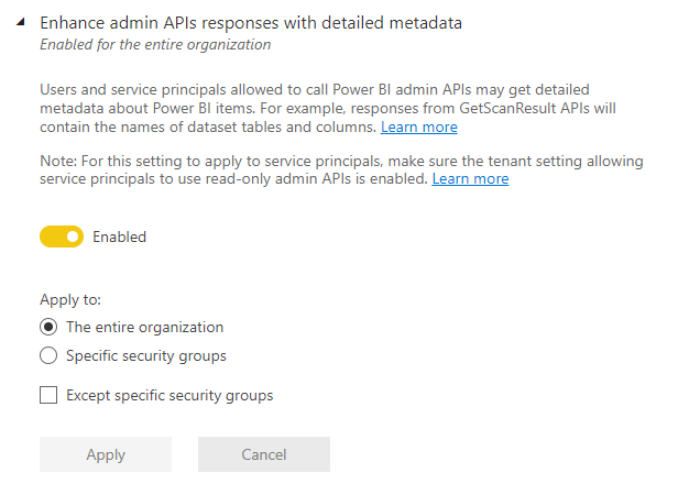 Captura de tela da configuração de locatário Aprimorar as respostas das APIs de administração com metadados detalhados.
